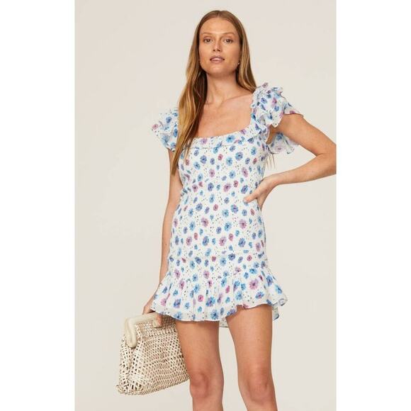 LoveShackFancy Kodie Dress Smocked Flutter Sleeve Blue Printed  L - Picture 1 of 12